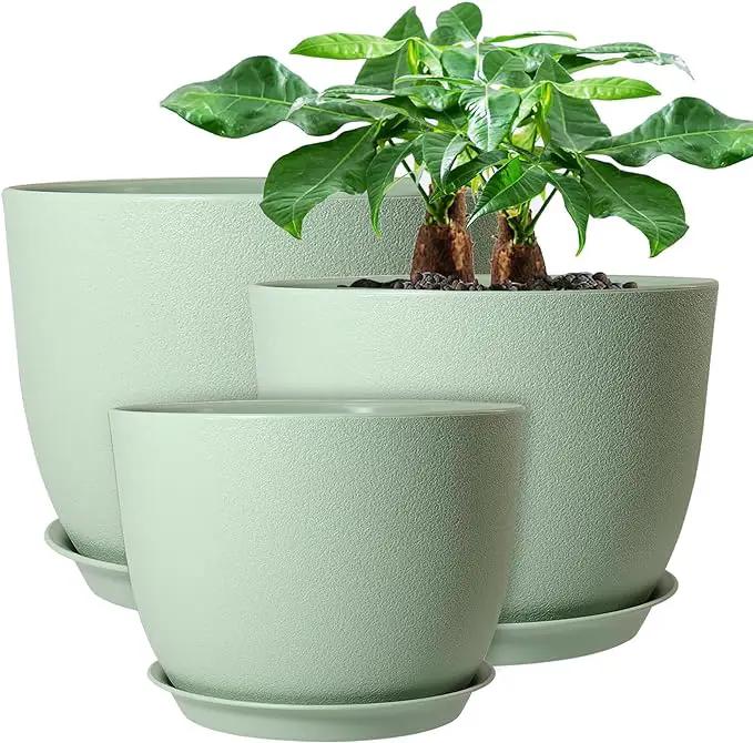 12/10/9 Large Modern Plant Pots, Plastic Planters with Drainage Holes and Saucers for Indoor Outdoor Plants Flowers, Green by GreenHaven Gardens