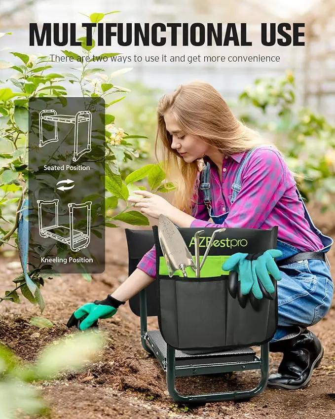 Garden Kneeler and Seat Heavy Duty, Upgraded Foldable Gardening Stool - Widened to 10" Stable Wear-resistant Prevent Knee and Back Pain, Beautiful Logo high-end 2 Large Tool Bags Gift for Women by GreenHaven Gardens