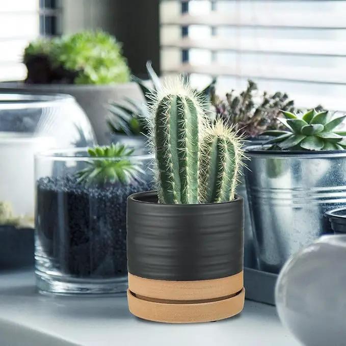 6 Inch Plant Pots, Ceramic Planter Pot with Drainage Hole & Saucer, Indoor/Outdoor Cylinder Round Planter Pot, Matte Black & Brown by GreenHaven Gardens