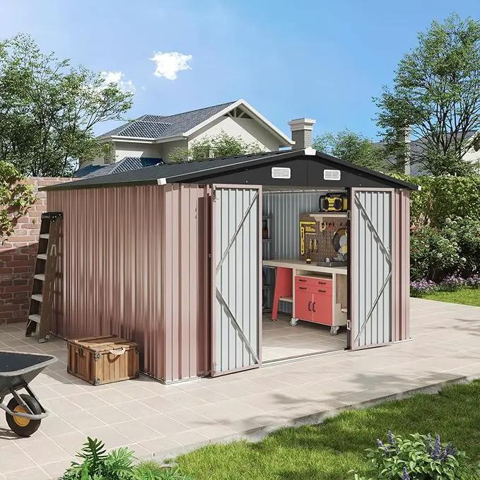 Aoxun 10x10 FT Outdoor Storage Shed Garden Metal Shed with Lockable Door Outdoor Large Shed for Tool, Garbage Can, Bike, Mower, Brown by GreenHaven Gardens