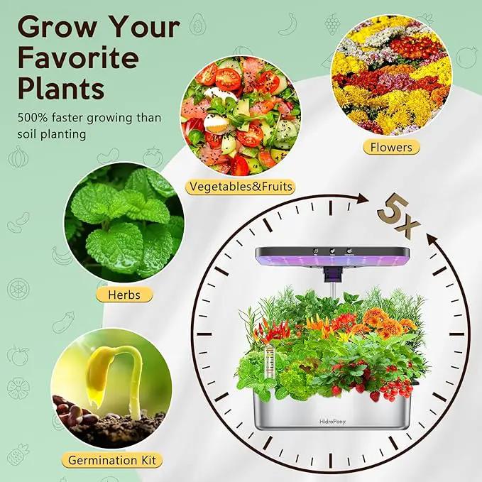 Hydroponics Growing System Herb Garden - HidroPony 15 Pods Indoor Gardening System with Grow Light, Stainless Steel Plants Germination Kit with Quiet Pump System, Gardening Gifts for Women by GreenHaven Gardens