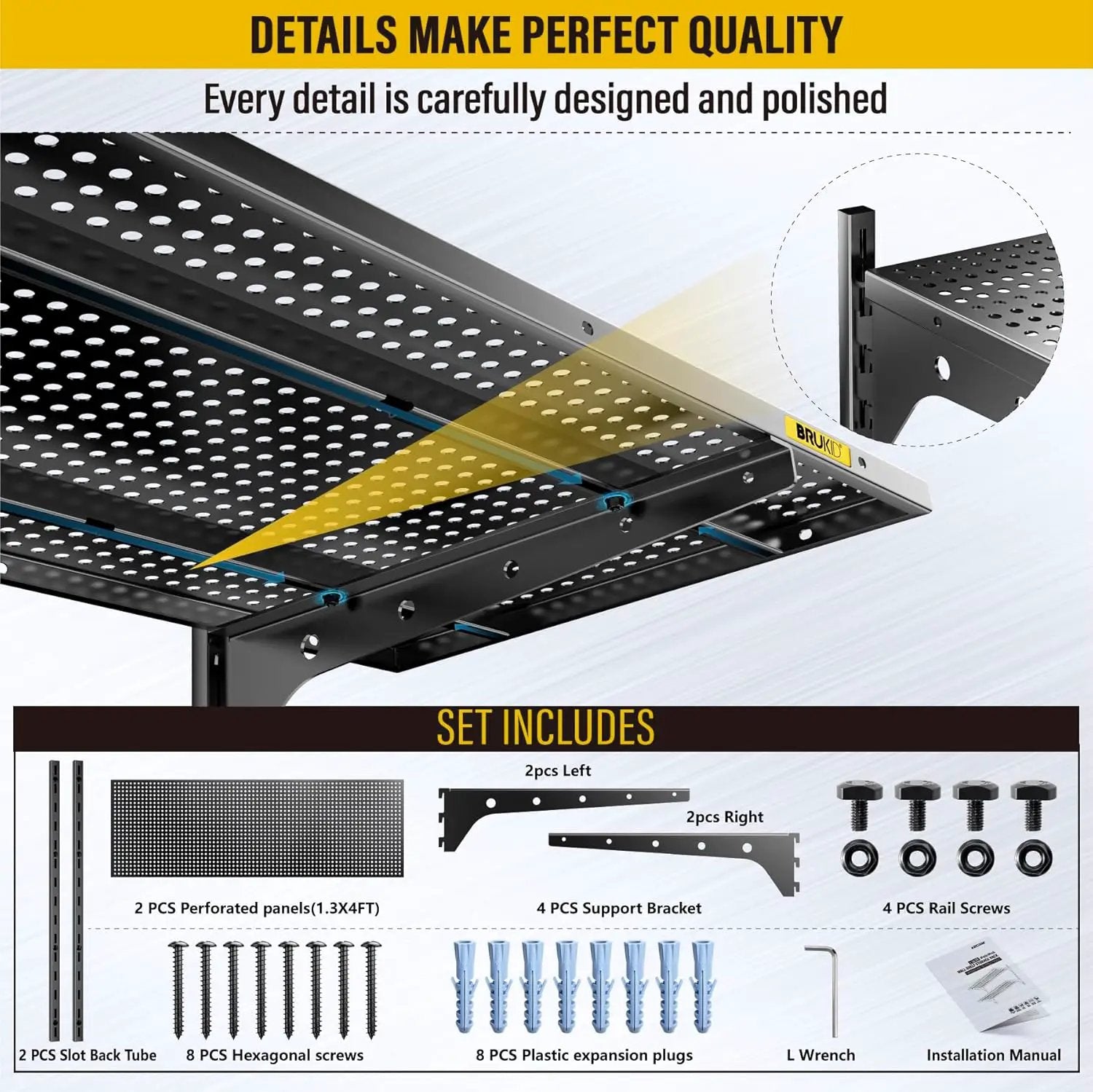 2 Tier 1.3x4ft Garage Shelving Wall Mounted, 400 lbs Load Capacity，15.6x48inch per Shelf Height Cassette Adjustable Floating Shelves(Black) by GreenHaven Gardens