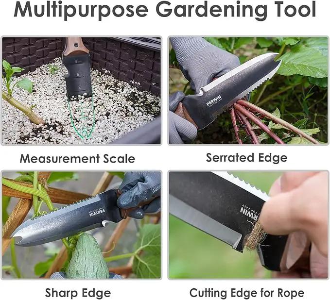 Hori Hori Garden Knife, Garden Tools with Sheath for Weeding,Planting,Digging, 7" Stainless Steel Blade with Cutting Edge, Full-Tang walnut Wood Handle with Hanging Hole by GreenHaven Gardens