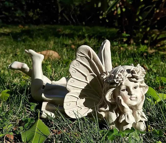 MeritMode Fairy Garden Figurines - Angel Statue with Butterfly and Holding Face, for Mom, Resin Outdoor Figurine for Patio & Yard, 10" Width by GreenHaven Gardens