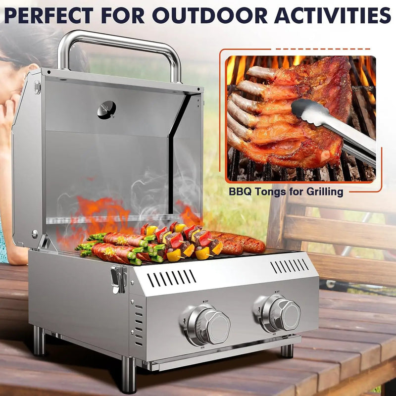 Llamaviva 2 Burners Tabletop Gas Grill, 20,000 BTUs Portable Stainless Steel Propane Grill with Legs for Tailgating, Outdoor Patio Backyard Camping, and RV Trips - food clip by GreenHaven Gardens