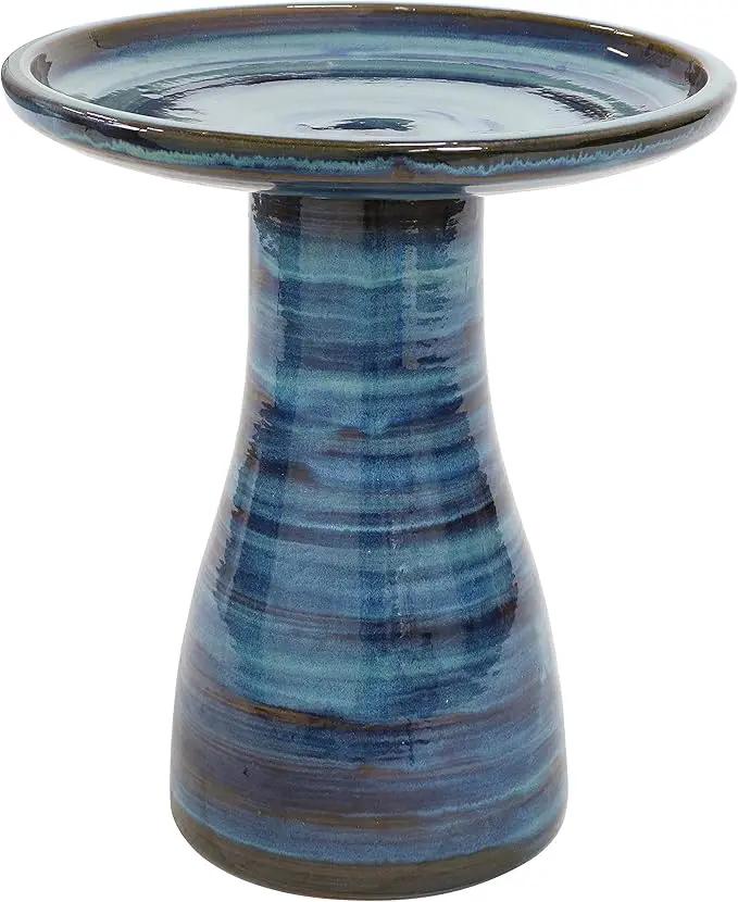 Sunnydaze 21" H Ceramic Bird Bath for Outside - Hand-Painted Outdoor Bird Bath Bowl, UV/Frost-Resistant Finish - Galaxy Blue - Classic Pedestal by GreenHaven Gardens