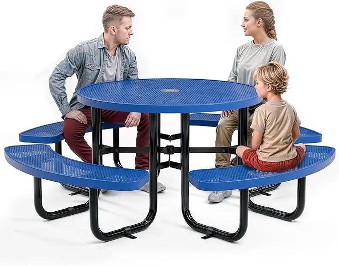 Metal Picnic Tables for Outdoors with Umbrella Hole - Coated Steel Heavy Duty Commercial Grade Table with Adjustable Seats (Blue, 46 in, Round, Punched Steel) by GreenHaven Gardens