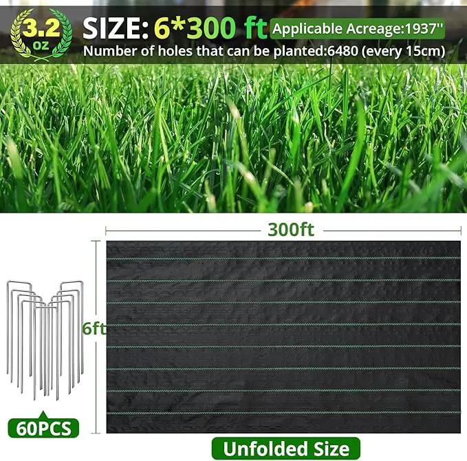 6FT x 300FT Weed Barrier Landscape Fabric, 3.2oz Heavy Duty Woven Geotextile with 60 U-Shaped Pegs & Pre-Printed Cutting Lines, Ground Cover Colth Garden Bed Liner for Landscape, Driveway, Greenhouse by GreenHaven Gardens