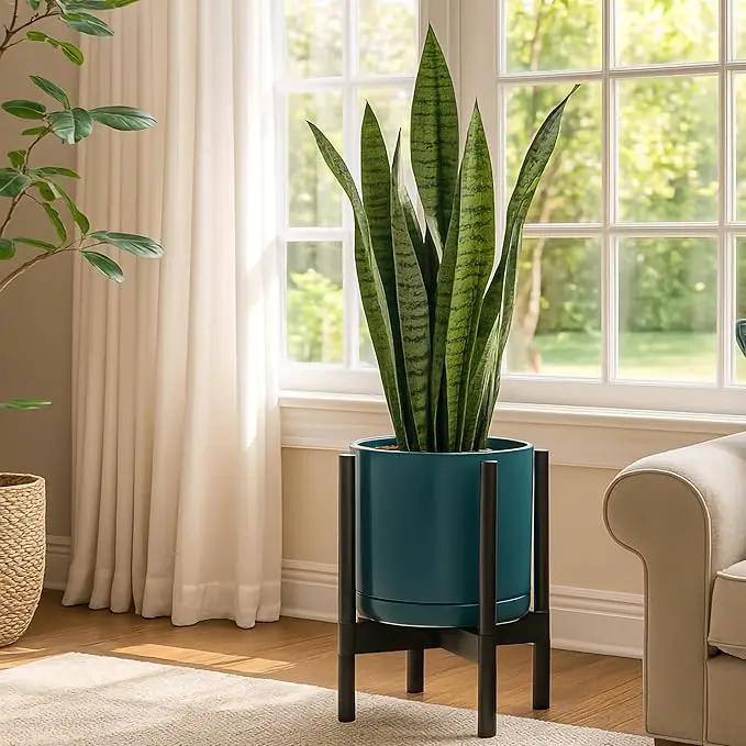 D'vine Dev Ceramic Planter with Ebony Stand - 12 Inch Modern Round Flower Pot with Wood Planter Holder, Teal, 55-B-H-4 by GreenHaven Gardens