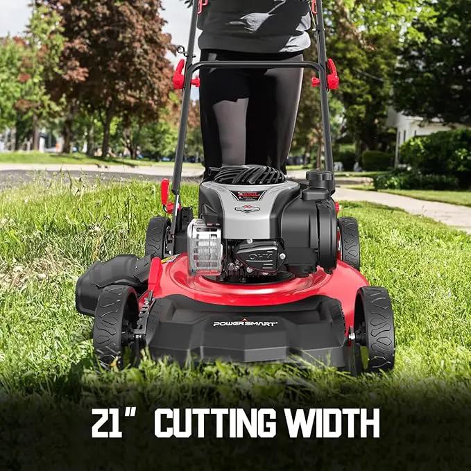 PowerSmart Gas Lawn Mower 21-inch with 140cc Briggs and Stratton E550 Engine, 3-in-1 Push Mower with Mulch, Bagger, Side-Discharge by GreenHaven Gardens