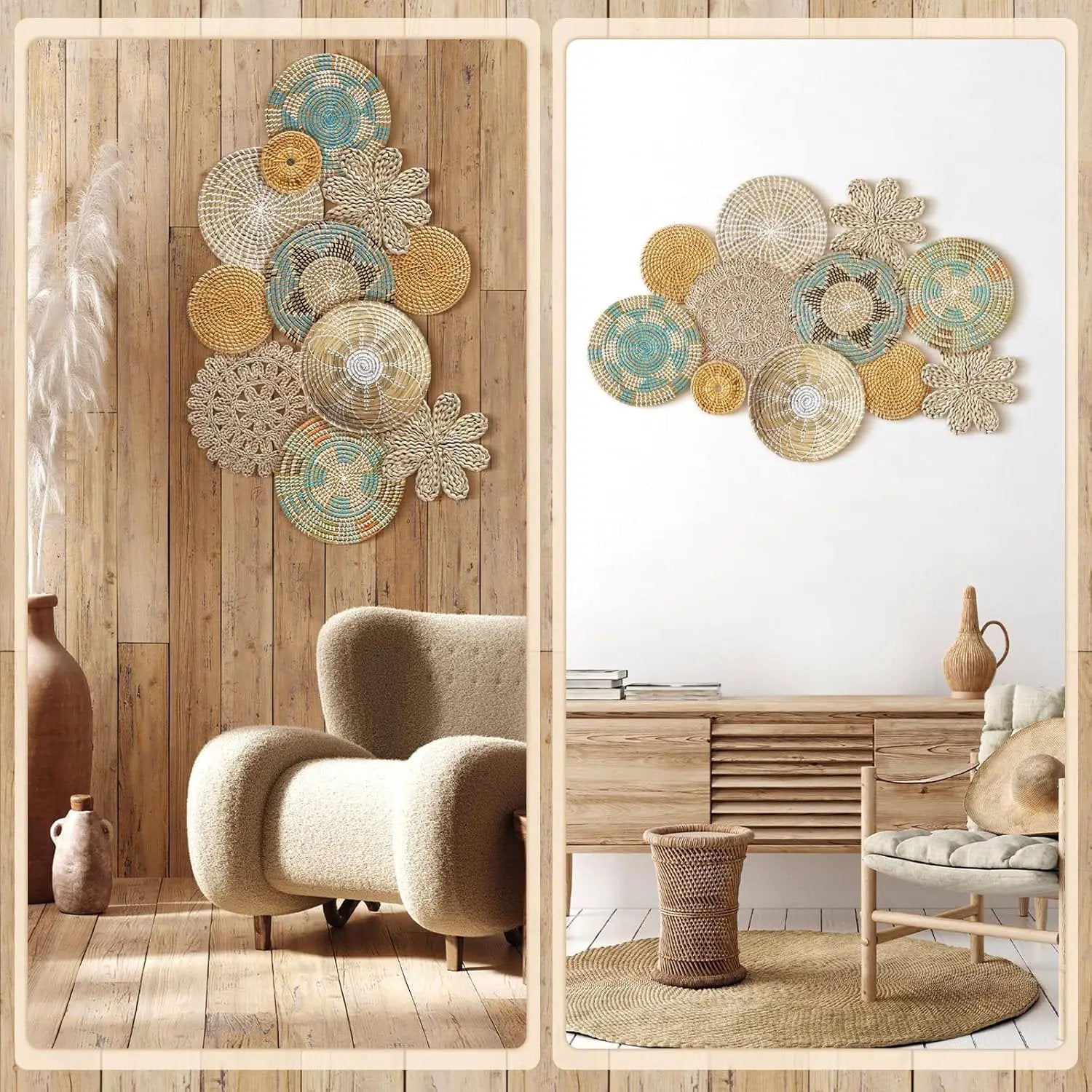 Xuhal 11 Pcs Boho Hanging Wall Basket Decor Handmade Woven Basket Wall Decorative Boho Wicker Baskets Placemats Round Farmhouse Bulrush Art for Rustic Home Decorations Christmas Gift(Bright) by GreenHaven Gardens