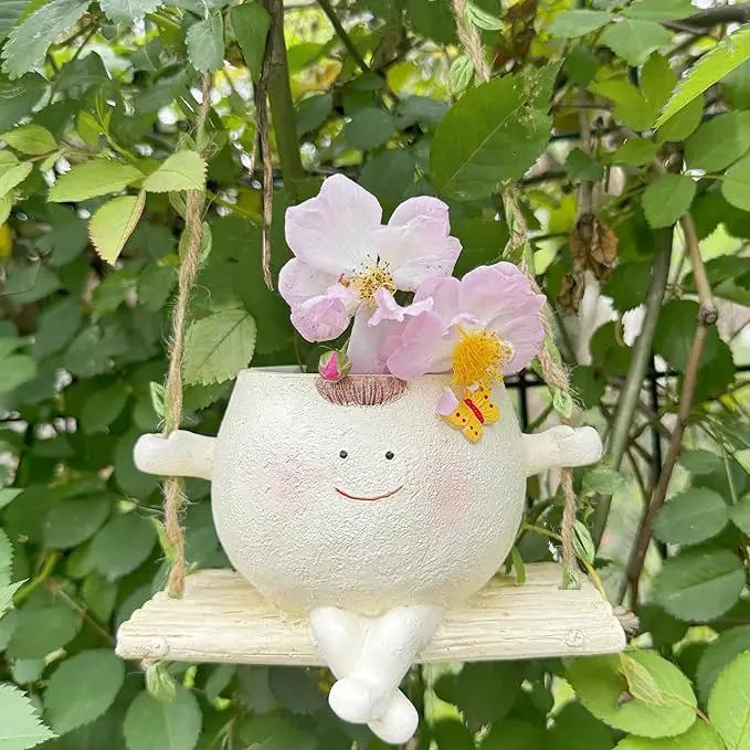 SUQ I OME Hanging Baby face Planter Pot with Butterfly Decorations,Indoor and Outdoor Resin Hanging Pot Decor by GreenHaven Gardens