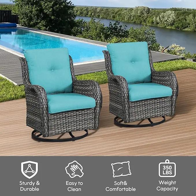 Outdoor Swivel Rcoker Wicker Chairs - Swivel Patio Chairs Set of 2 Patio Furniture Sets with Covered Cushion for Porch Deck Balcony Backyard, Turquoise Cushion by GreenHaven Gardens