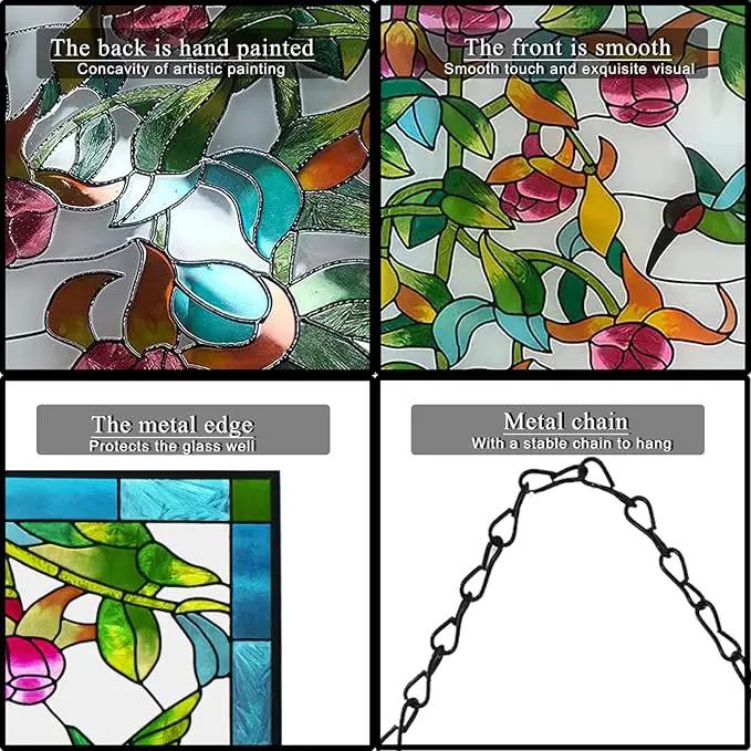 VEWOGARDEN W10xH15 inch Hummingbird Stained Glass Window Hangings, Suncatcher Panel with Chain for Wall or Windows by GreenHaven Gardens