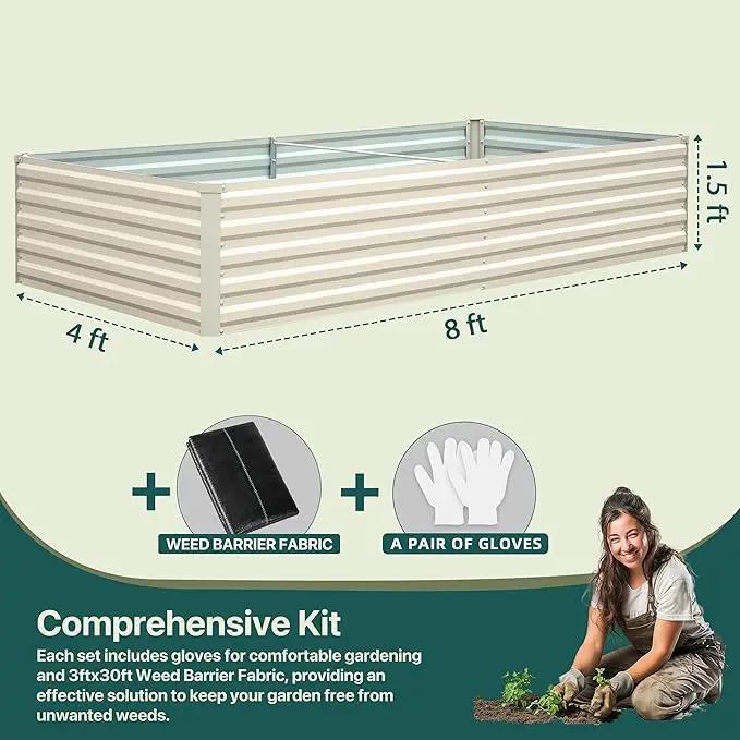 Raised Garden Bed 8×4×1.5FT, Galvanized Raised Garden Beds Outdoor for Vegetables Flowers Herbs, Large Deep Root Planter Box, Tall Raised Garden Bed with 3ftx30ft Weed Barrier Fabric, Beige by GreenHaven Gardens
