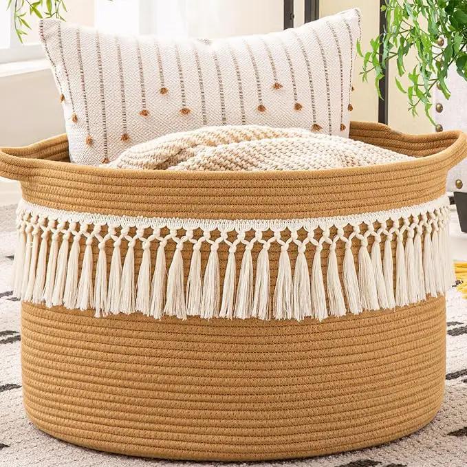 KAKAMAY Large Blanket Basket (20"x13"),Woven Baskets for storage Baby Laundry Hamper, Cotton Rope Blanket Basket for Living Room, Laundry, Nursery, Pillows, Baby Toy chest (Brown Fringe) by GreenHaven Gardens