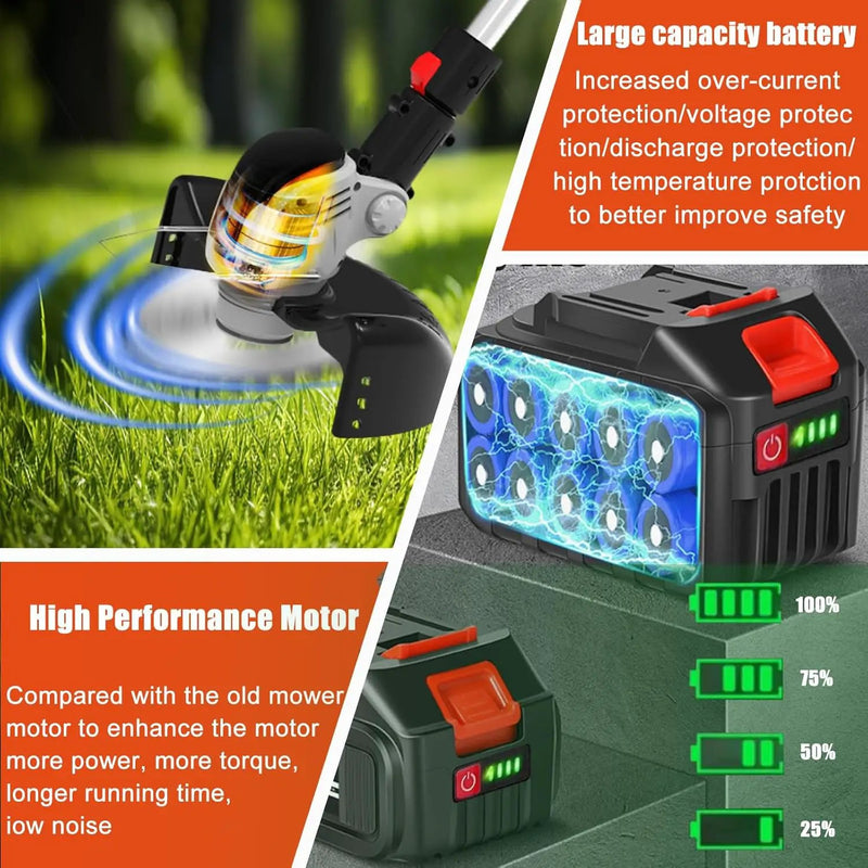 Electric Weed Wacker Eater Cordless Battery Powered, Weed Trimmer 4.0Ah Lightweight No-String with 2 Battery Operated & Wheels, 3 in 1 Stringless Grass Trimmer/Edger/Brush Cutter for Garden Yard Lawn