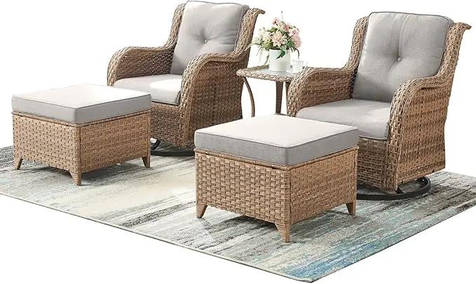 Outdoor Wicker Patio Furniture Set - 5 Pieces Rattan Patio Conversation Set with 2 Rocking Swivel Chairs,2 Ottomans and 1 Side Table for Porch Deck Backyard Garden(Yellow/Beige) by GreenHaven Gardens