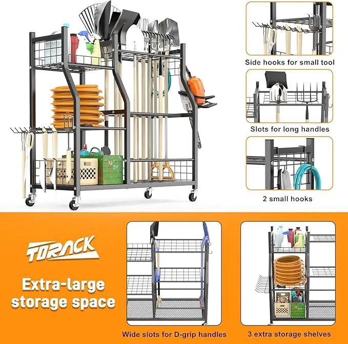 TORACK Garden Tool Organizer with Wheels, Rakes Shovels Yard Tools Stand for Garage, Shed, Garden, Indoor/Outdoor Long-Handled Tools Cart