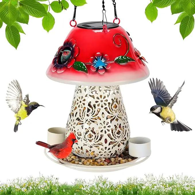 Mushroom Solar Bird Feeders for Outdoors Hanging Metal Wild Bird Feeder Garden Lantern with S Hook for Garden Decoration red by GreenHaven Gardens