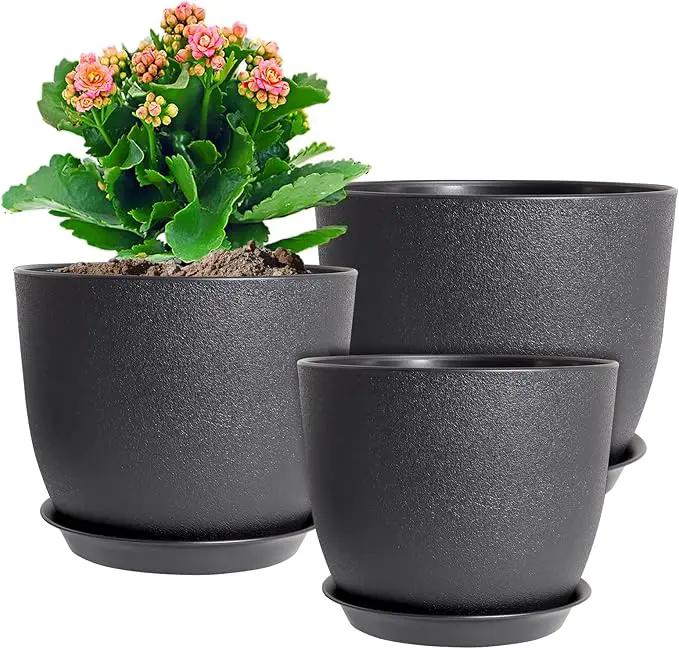 10/9/8 inch Medium Plant Pots, 3 Pack Modern Decorative Plastic Planters with Drainage Holes and Saucers, Flower Pots for Indoor Outdoor Plants, Black by GreenHaven Gardens