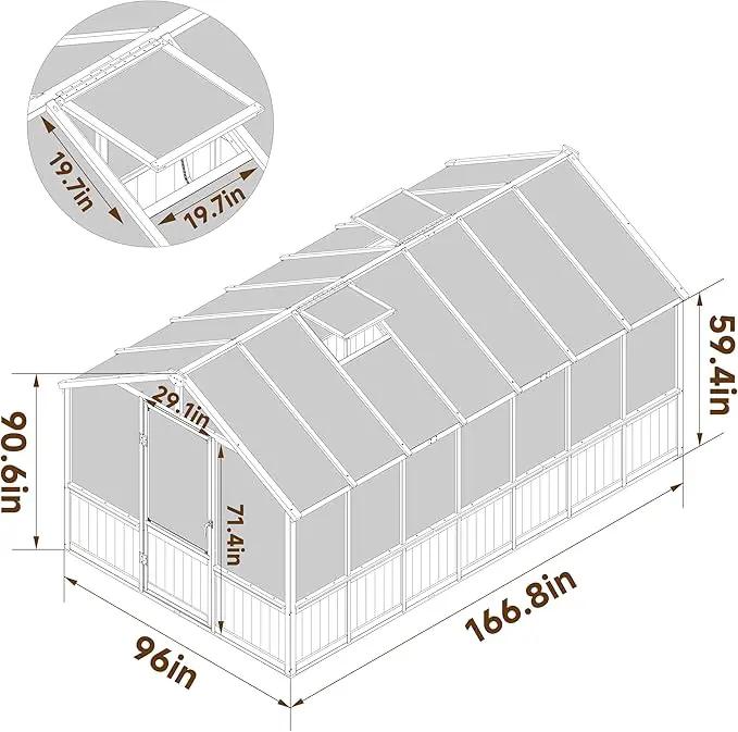 8x14 FT Outdoor Greenhouse Kit, 6MM Thick Polycarbonate Panel Wooden Walk-in Green House with Adjustable Roof Vents & Roof Vents, Backyard Garden, Light Mocha Brown by GreenHaven Gardens