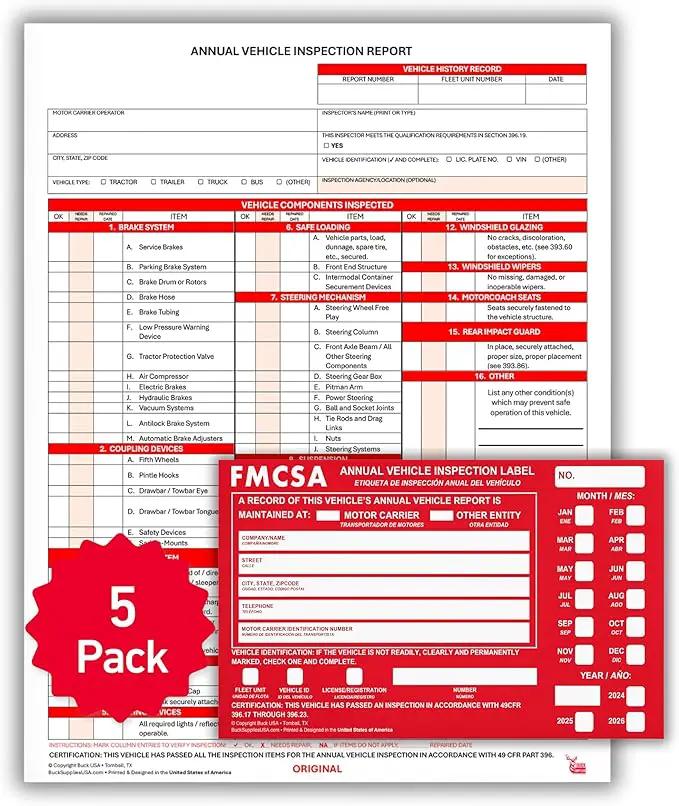 5 Pack 3-Ply Carbonless Annual Vehicle Inspection Report Forms with FMCSA Red Aluminum Adhesive Labels, DOT Inspection Forms and Stickers, Shrink-Wrapped, 8.5" x 11.75" - Made in USA by GreenHaven Gardens