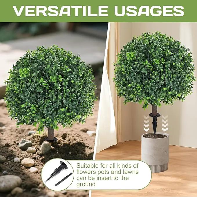 Artificial Boxwood Topiary Ball Tree 24" with Ground Spike, Set of 2 Artificial Boxwood Bushes for Faux Shrubs, Fake Evergreen Faux Plant for Indoor Outdoor Porch Garden- UV Resistant – Fade-Proof by GreenHaven Gardens