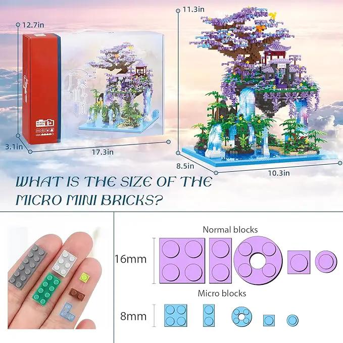 Chinese Moon Palace Pavilion Building Blocks Set - Micro Miniature Bonsai Tree House with String Lights and Flowers for Adults and Kids (4574 Pieces) by GreenHaven Gardens