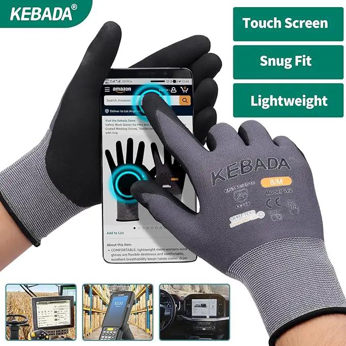 Kebada W2 Safety Work Gloves, Micro-Foam Nitrile Coated Gloves, Touchscreen,Ideal for Package Handling, Gardening, Construction, 1 Pair Large by GreenHaven Gardens
