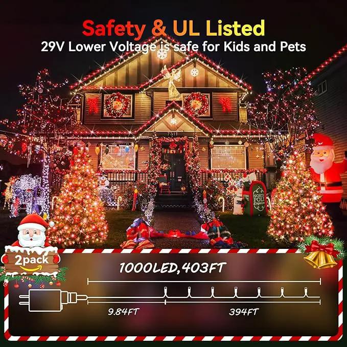 Hezbjiti 2 Pack 1000 LED 403 FT Christmas String Lights Outdoor, 8 Lighting Modes IP44 Waterproof Fairy Lights with Timer and Dimmable Function for Party Tree Decorations (Red, Clear Wire) by GreenHaven Gardens