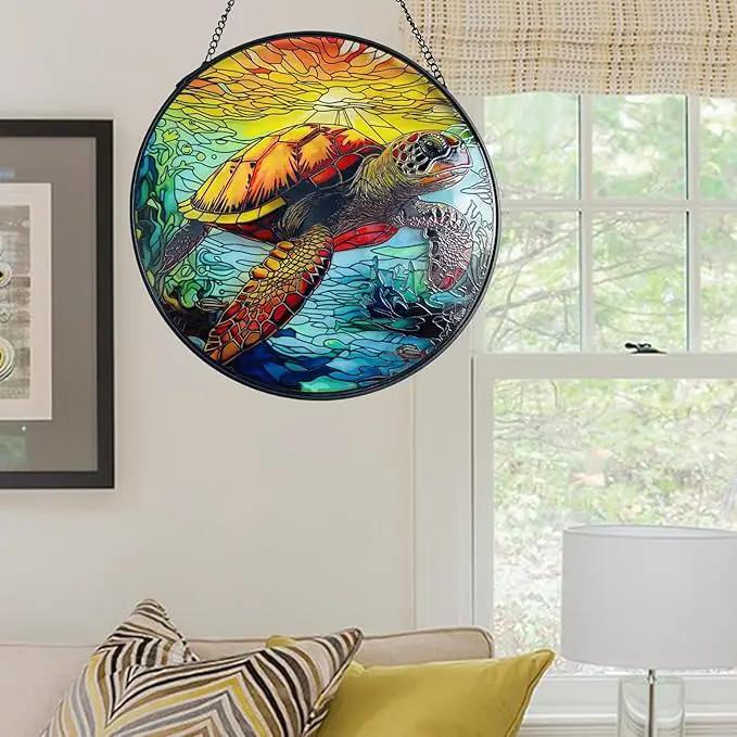 RIVEENY Sea Turtle Glass Window Hanging,8" Sea Turtle Decor Sun Catchers,Stained Glass Sun Catcher Hanging Decoration with Metal Chain,Sun Catchers for Window Decor Outdoor Garden Decor by GreenHaven Gardens