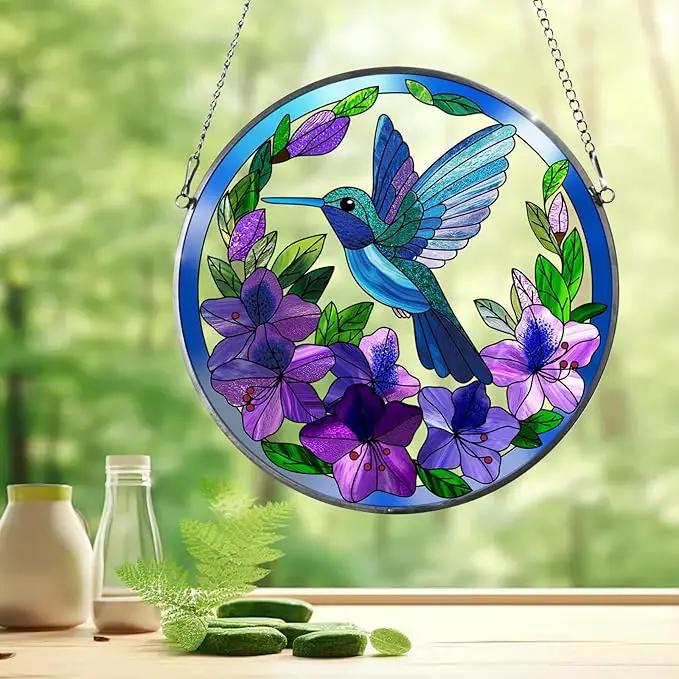 Stained Glass Sun Cather for Window Hanging, 8.6'' Hummingbird Window Ornament for Indoor Outdoor, Hand Painted Stain Glass Gift for Women, Bird Nature Lovers by GreenHaven Gardens