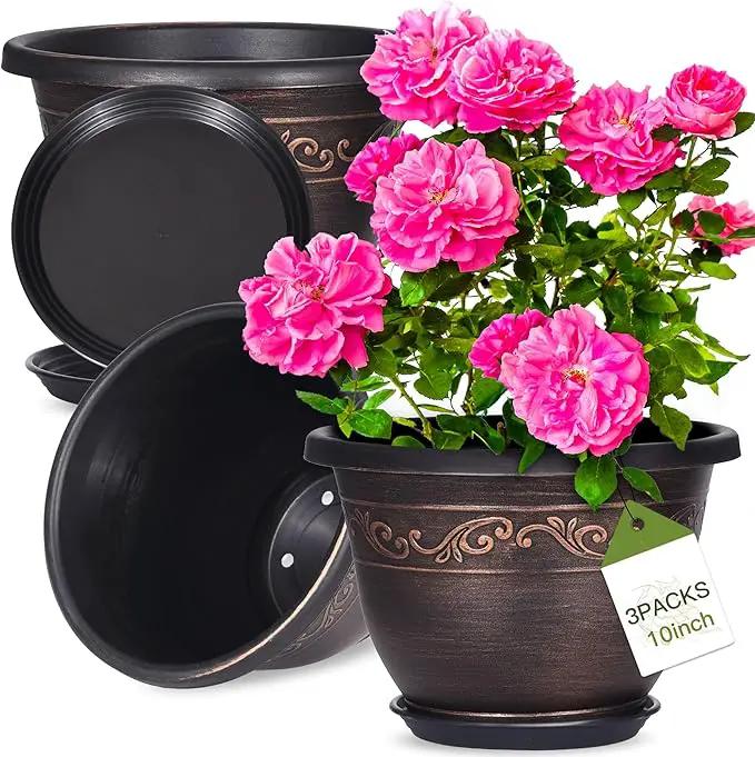Plastic-Plant-Flower-Planters-10 Inch with Drainage Hole & Saucer, 3 Packs Lightweight Small Resin Flower Pot Indoor Outdoor, Retro Antique Imitation Decorative Garden Containers Sets for Houseplants by GreenHaven Gardens