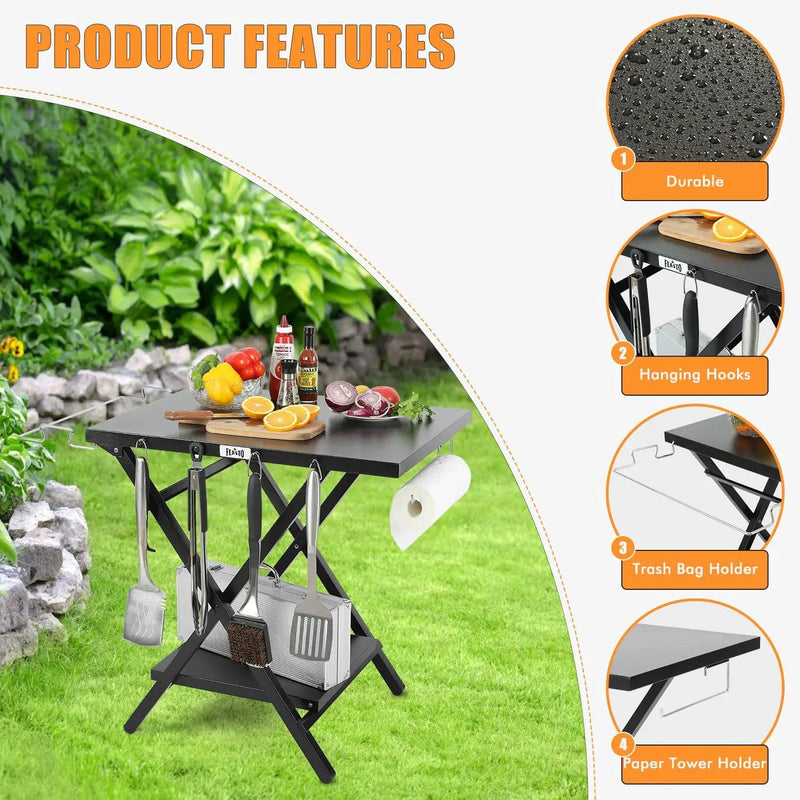 Folding Grill Table with Extra Storage Bottom Shelf, Indoor & Outdoor Prep Table with Garage Rack & Tissue Holder, Pizza Oven Stand for Pizza Oven & Blackstone Griddle, 30" x 24", Black by GreenHaven Gardens