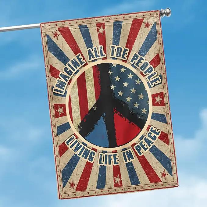 Hippie Peace Flags, Peace Signs Decorations For Home, Outside Hippie Decor House Flag (30 x 40), Imagine All The People Living Life in Peace Flag, USA House Garden Flags, Decorative Outdoor Flags by GreenHaven Gardens
