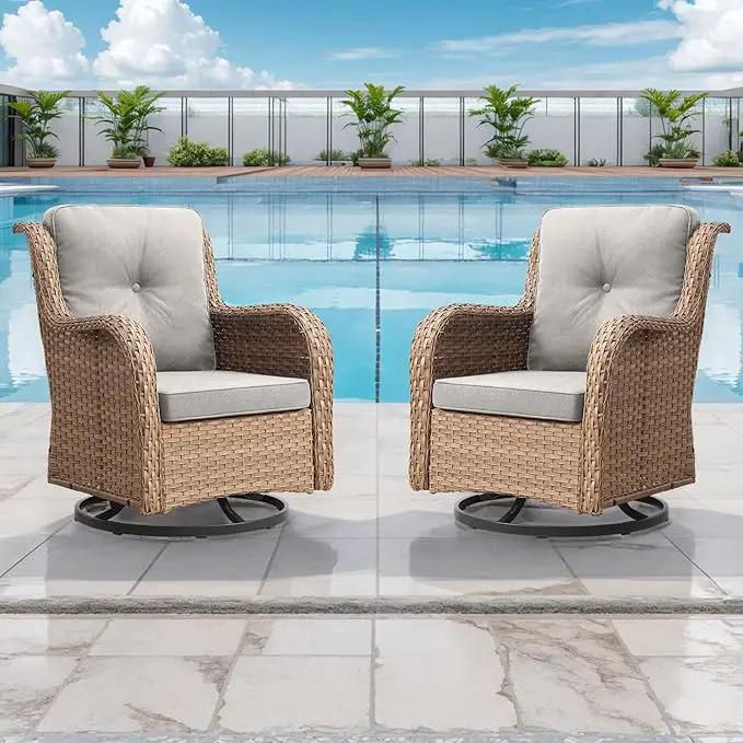 Outdoor Patio Swivel Rocker Chairs - Wicker Rattan Patio Swivel Rocking Chairs Set of 2 with High Back,Deep Seating and Comfort Cushions for Deck Porch Garden,Yellow/Beige by GreenHaven Gardens