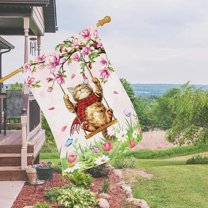 Heyfibro Spring Cute Cat Welcome Garden Flag 28x40 Inch Double Sided Burlap, Summer Magnolia Butterfly Flower Floral Yard Banner for Seasonal Holiday Farmhouse Outdoor Decor(ONLY FLAG) by GreenHaven Gardens