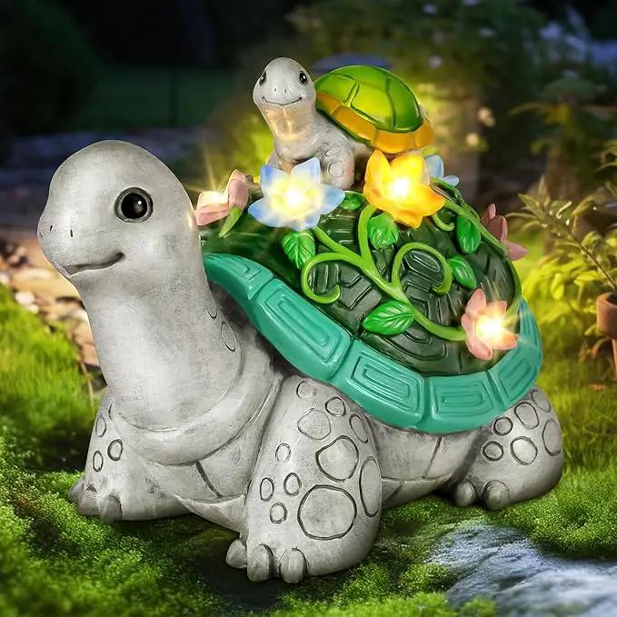 LESES Garden Statues, Turtle Solar Statue Garden Decor Clearance, Cute Turtle Figurines with Baby & 7 LED Solar Lights Lawn Decorations for Patio Yard Gifts for Mom Grandma Housewarming by GreenHaven Gardens