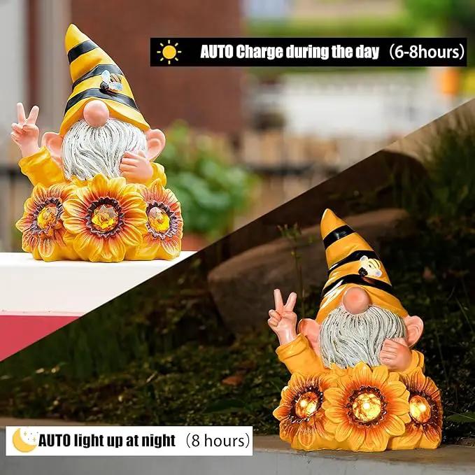 Garden Gnome Sculptures & Statues Resin Summer Bee Gnome with Sunflower, Outdoor Funny Gnome Decoration Solar Light Gnome Gifts for Yard, Patio Decor for Mom by GreenHaven Gardens