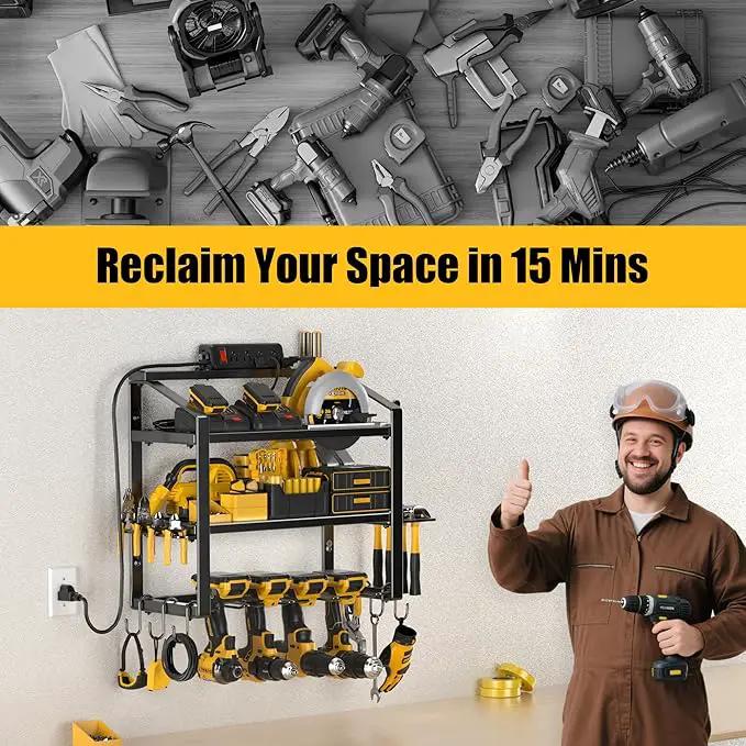 Power Tool Organizer With Charging Station, Heavy Duty Steel 4 Slots, Tool Battery Holder with 4 Outlet Power Strip, Easy To Install Garage Storage Rack for Workshop/Shed Gift For Men by GreenHaven Gardens