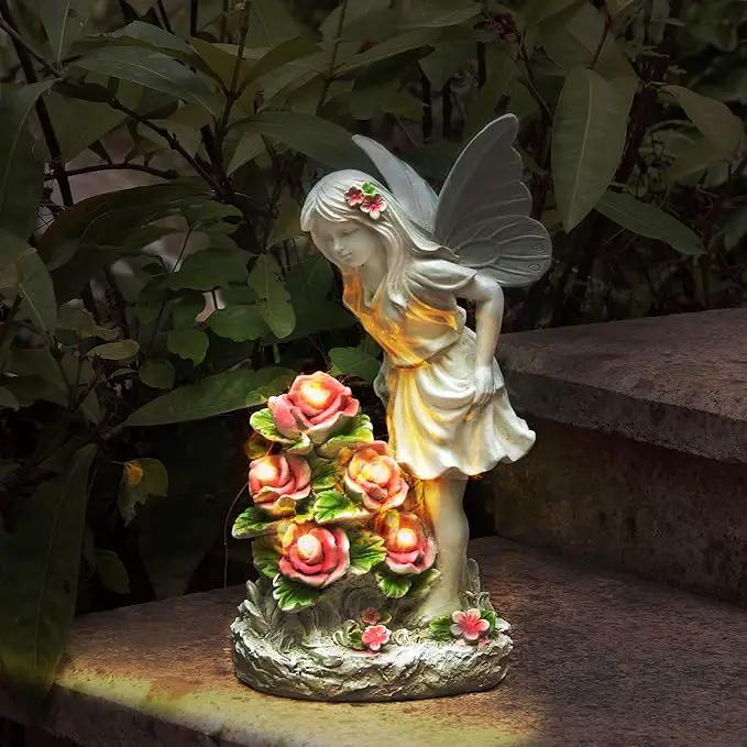 Garden Figurines Angel Garden Statue Outdoor Decor, Solar Powered Resin Sculpture with 5 LEDs Art Decoration for Patio Lawn Yard Porch, Ornament Housewarming Garden Gift, 12.8 x 7.5 x 6.1 Inch by GreenHaven Gardens