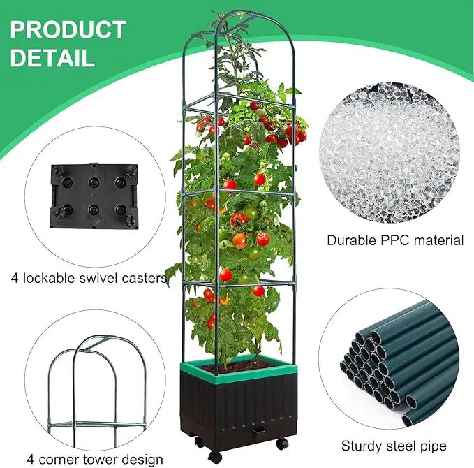 Raised Garden Bed with Self Watering Garden Pots, Planter Box with Trellis for Climbing Plants Vegetable Vine Flowers, Tomato Cage Planter for Indoor Outdoor Yard Greenhouse Use by GreenHaven Gardens