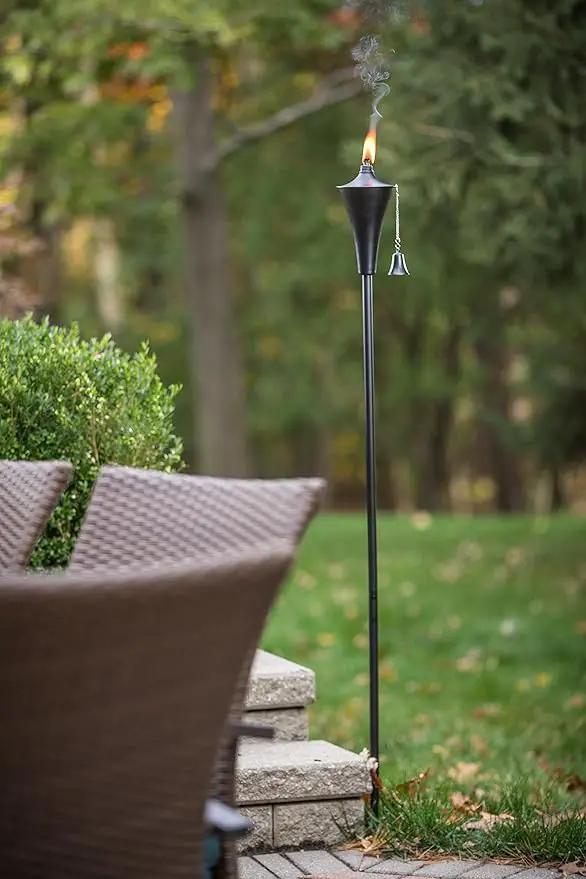 Set of 4, Oahu Premium Metal Patio Torches, 53" Tall- Tiki Style/w Snuffer, Fiberglass Wick & Large 16oz Oil Lamp for Deck, Patio, Lawn, Garden, Luau (Smooth Black) by GreenHaven Gardens