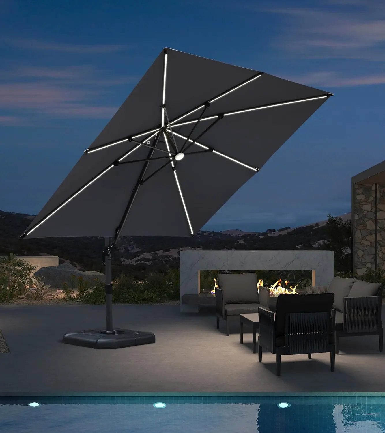 PURPLE LEAF 10 Feet Patio Umbrella Outdoor Cantilever Solar Powered LED Square Umbrella Aluminum Offset Umbrella with 360-degree Rotation for Garden Deck Pool Patio Light Grey by GreenHaven Gardens