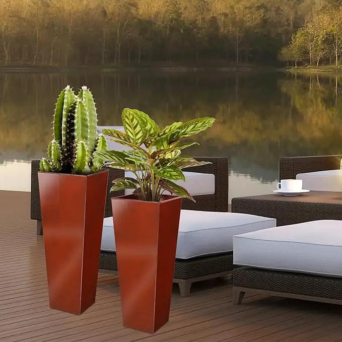 KOL 25'' & 28'' Tall Galvanized Steel Metal Glazed Planter with Insert, Set of 2, Metal Planter Pots for Indoor & Outdoor Use, Decorative Flower Plant Pots for Front Porch, Patio, Deck - Brown by GreenHaven Gardens