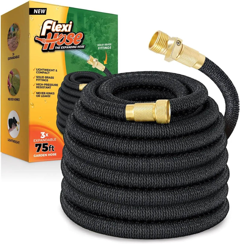 Flexi Hose Lightweight Expandable Garden Hose, No-Kink Flexibility, 3/4 Inch Solid Brass Fittings and Double Latex Core (75 FT, Black) by GreenHaven Gardens
