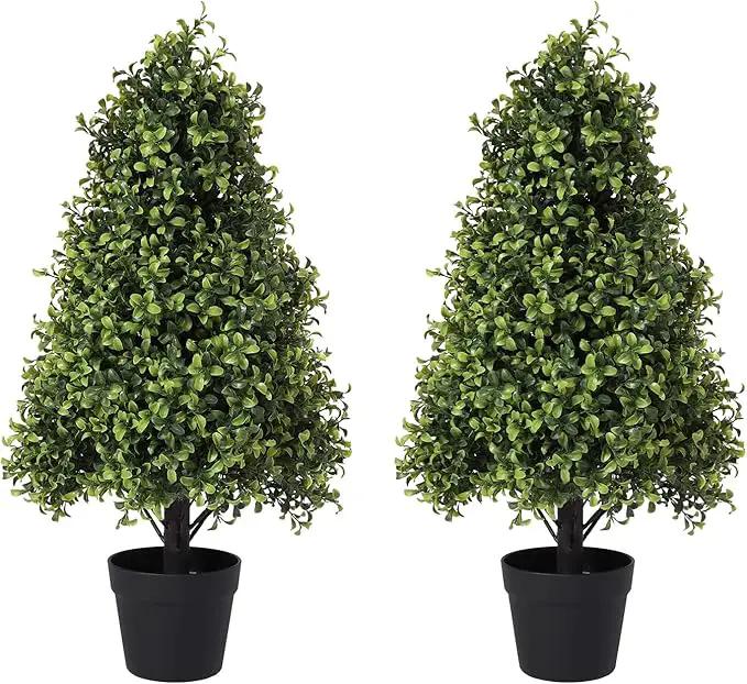 30" Artificial Boxwood Topiary Trees Outdoor Set of 2 - UV Resistant Faux Plants for Front Porch Outside Planter, Realistic Fake Cone-Shaped Bushes & Shrubs 2.5ft by GreenHaven Gardens