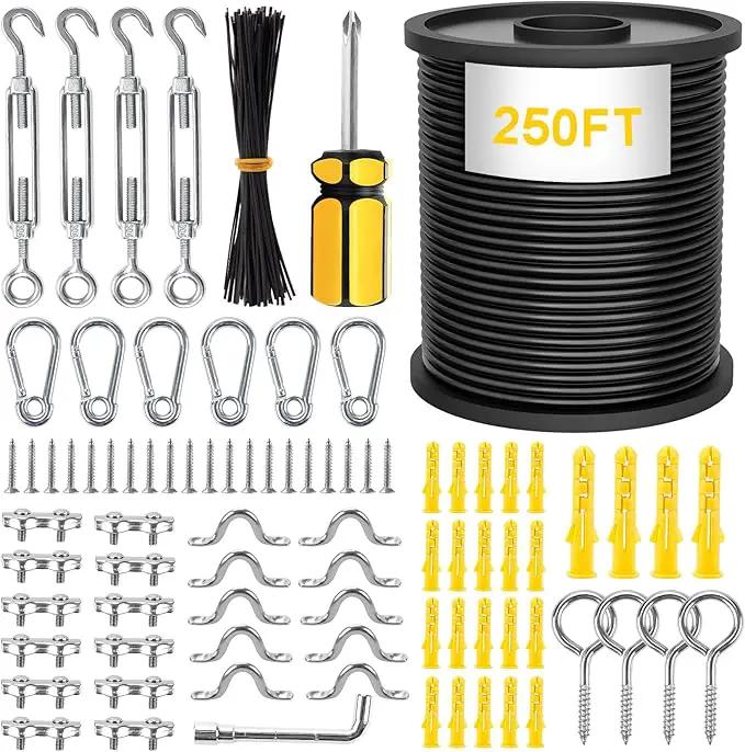String Light Hanging Kit Outdoor Lighting Hanging Kit with 250 Ft Black Coated Wire Cable, Turnbuckle, Hooks and Enough Outdoor Accessories for Outside, Patio, Garden by GreenHaven Gardens