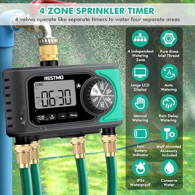 RESTMO 4-Outlet Sprinkler Timer with Brass Inlet, 4 Zone Programmable Water Timer for Garden Hose, Automatic Digital Control | Manual ON/Off | Rain Delay, for Outdoor Faucet, Drip Irrigation and Lawn by GreenHaven Gardens